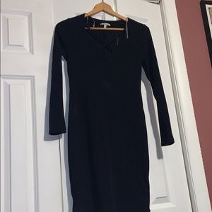 Navy sweater dress, with cris cross front